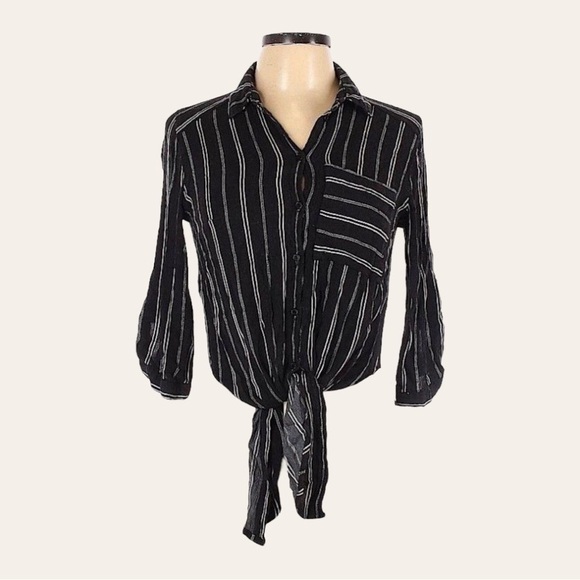 🌺 Vixbe Thompkins 3/4 Sleeve Roll Tab Button Down Tie Front Stripe Shirt Size S - Picture 1 of 9